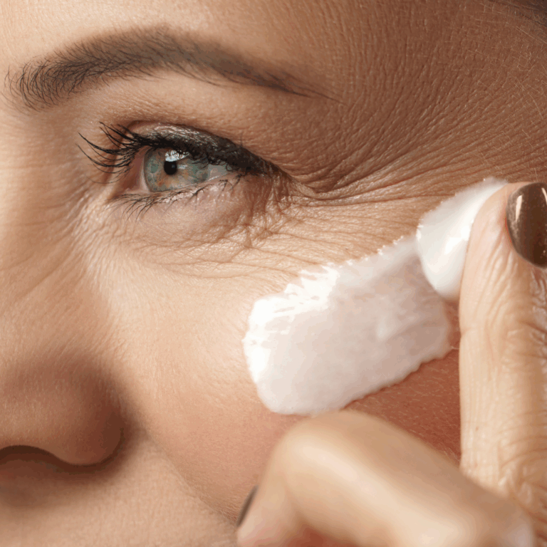 woman applying wrinkle cream under eye – anti-aging skincare, natural eye cream, firming moisturizer, instant Lift cream.