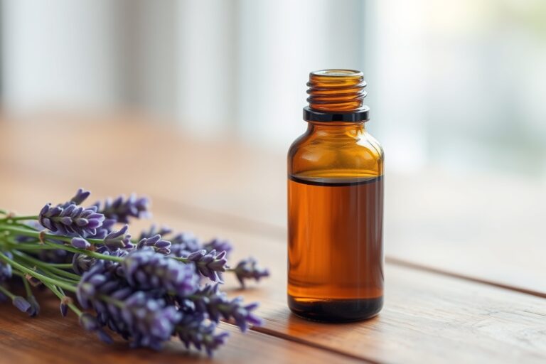 Amber glass bottle with lavender and essential oil blend – natural essential oils guide for beginners