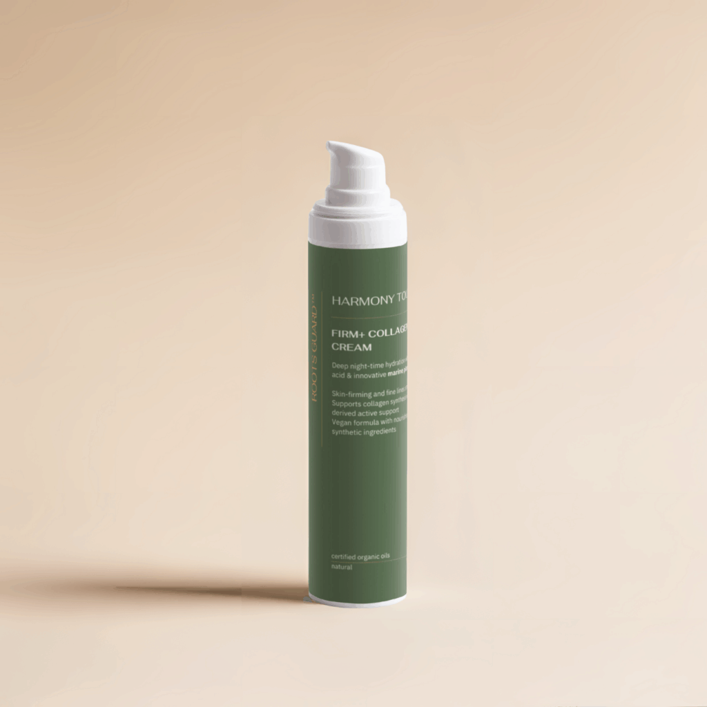 Firm+ Collagen Night Cream in green airless pump bottle against beige background