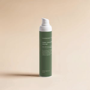 Firm+ Collagen Night Cream in green airless pump bottle against beige background