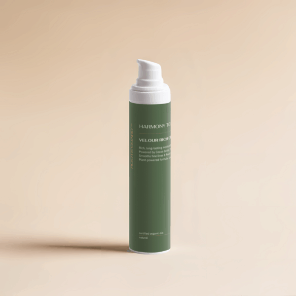 Velour Rich Cream airless pump bottle for dry skin on beige background - best moisturiser for dry skin - Roots Guard