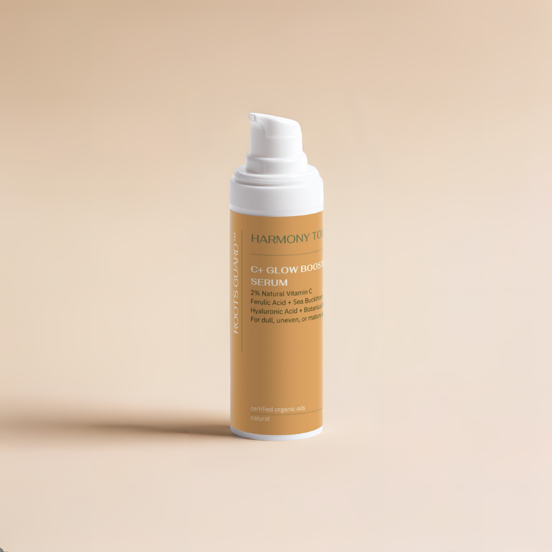C+ Glow Booster Serum is Vitamin C Face Serum and is standing upright on beige background with clean lighting