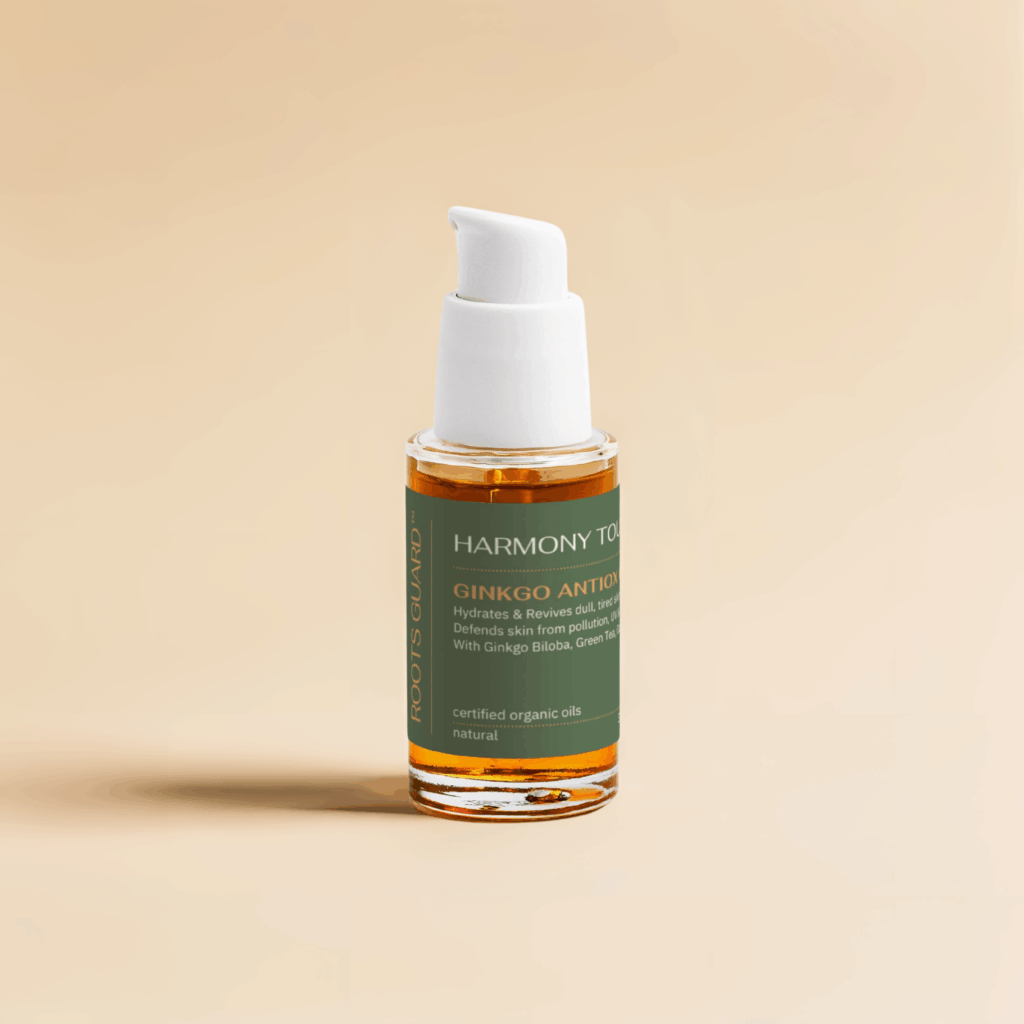 ginkgo biloba Antiox Gel bottle – RootsGuard Harmony Touch oil-free face booster with Ginkgo, Green Tea, and botanical antioxidants