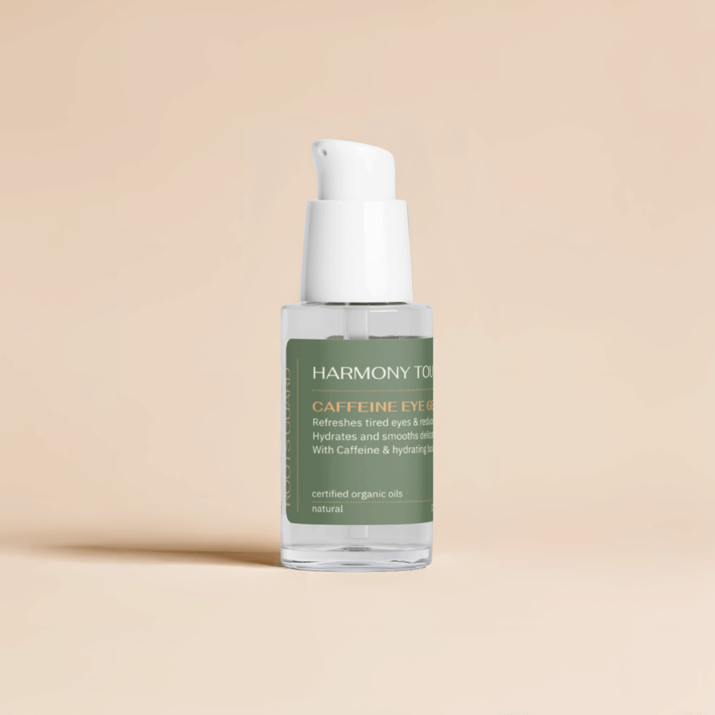 Caffeine Eye Gel bottle on neutral background – RootsGuard Harmony Touch eye skincare for puffiness and tired eyes