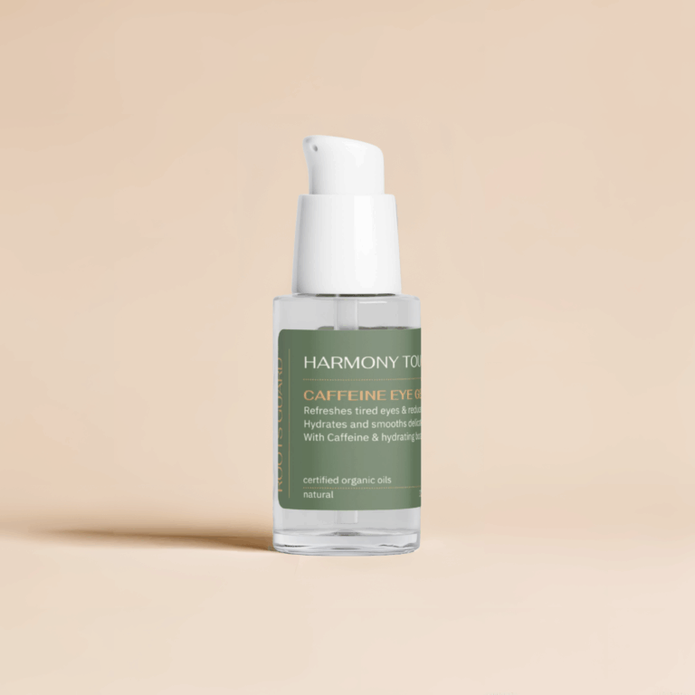 Caffeine Eye Gel bottle on neutral background – RootsGuard Harmony Touch eye skincare for puffiness and tired eyes