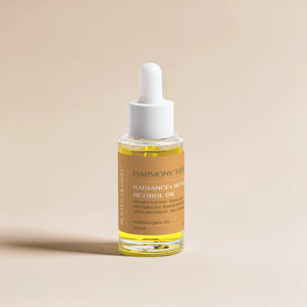 Radiance+ Bakuchiol -Botanical Retinol Oil with Bakuchiol on minimal beige background