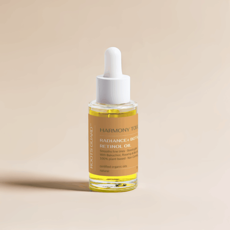 Radiance+ Bakuchiol -Botanical Retinol Oil with Bakuchiol on minimal beige background