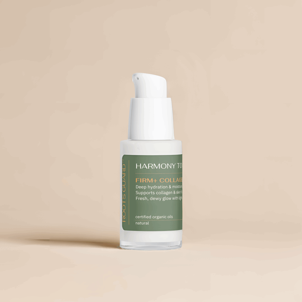 Firm+ Collagen Serum bottle on neutral beige background – natural skincare product