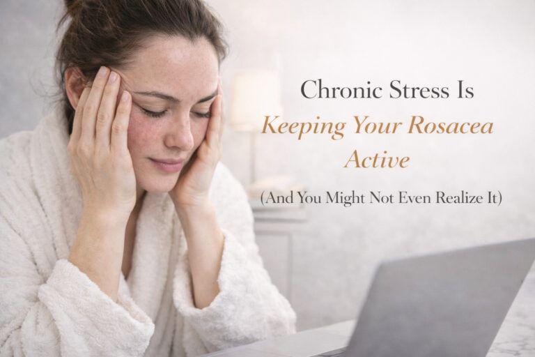 Woman practicing stress reduction breathing exercises to calm rosacea inflammation and nervous system. Roots Guard