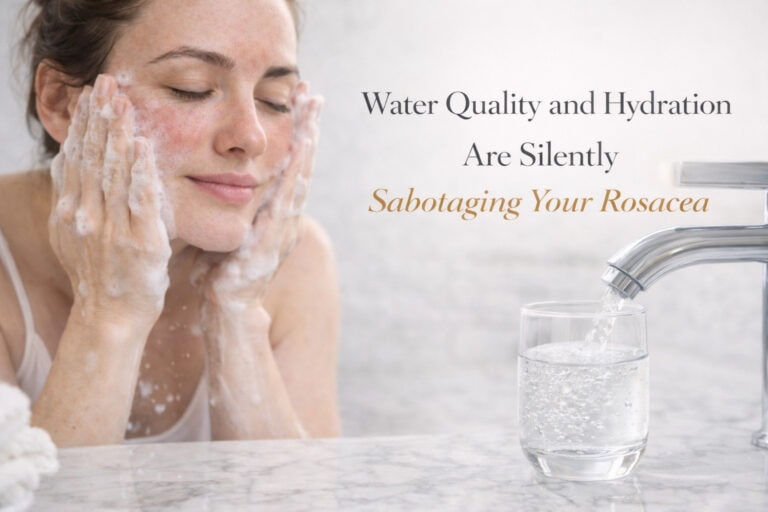 Shower filter and glass of water showing water quality and hydration solutions for rosacea skin care - Roots Guard