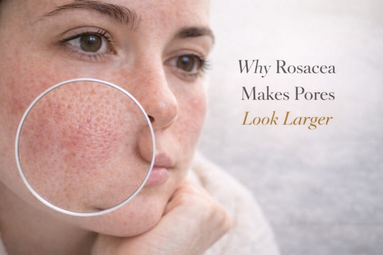rosacea large pores - roots guard Woman with rosacea examining enlarged pores caused by chronic inflammation and collagen breakdown Diagram showing collagen framework around pores before and after rosacea inflammation damage Close-up of rosacea-enlarged pores with inflammatory redness and sebaceous gland involvement